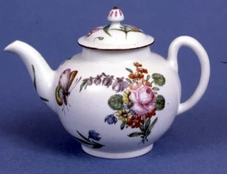 Worcester teapot of globular shape painted in polychrome enamels with flowers and insects